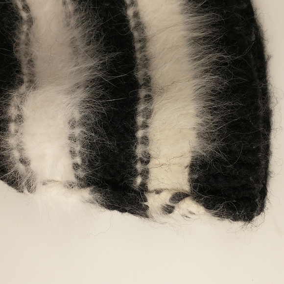 Handmade Knit Hat White Angora with Black Super Cute Fuzzy Striped Handknit OOAK - Picture 6 of 6